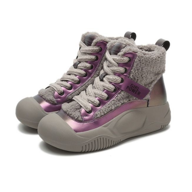 【ルミナス・ボア】ミッドカットスニーカー メタリックパープル×グレー | エコファーライニング メタリックパネル ウィンター・モードカジュアル