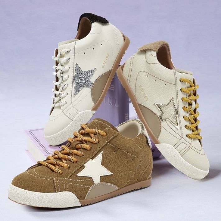 【グリッター・スター】ローカットスニーカー ホワイト×キャメル | 星型エンブレム グリッター装飾 ヴィンテージ加工 大人カジュアル