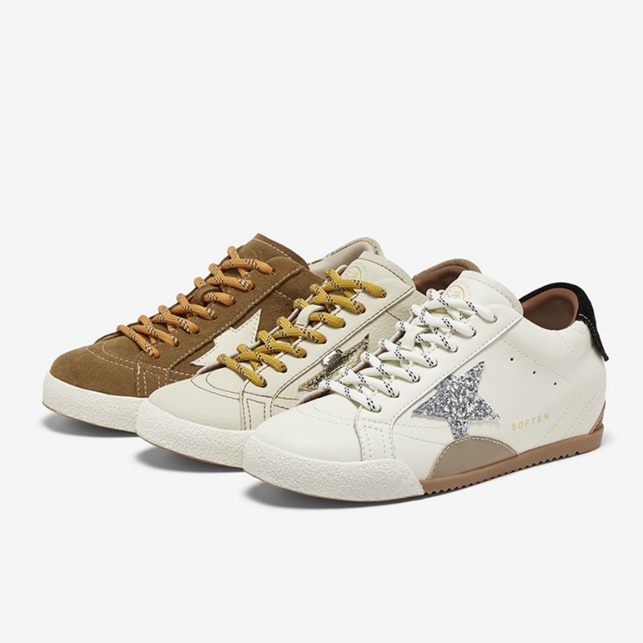 【グリッター・スター】ローカットスニーカー ホワイト×キャメル | 星型エンブレム グリッター装飾 ヴィンテージ加工 大人カジュアル