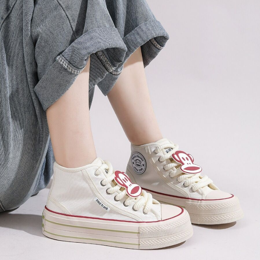 【キャッチー・ポップ】厚底ハイカット・キャンバススニーカー アイボリー×レッド | キャラクターシリコンワッペン 極太シューレース ストリート・カジュアル
