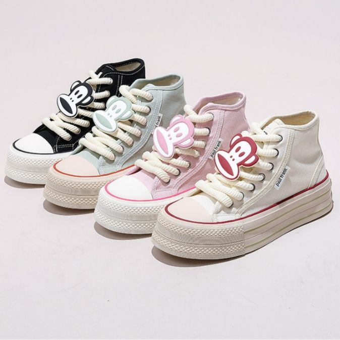 【キャッチー・ポップ】厚底ハイカット・キャンバススニーカー アイボリー×レッド | キャラクターシリコンワッペン 極太シューレース ストリート・カジュアル