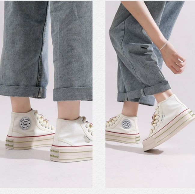 【キャッチー・ポップ】厚底ハイカット・キャンバススニーカー アイボリー×レッド | キャラクターシリコンワッペン 極太シューレース ストリート・カジュアル