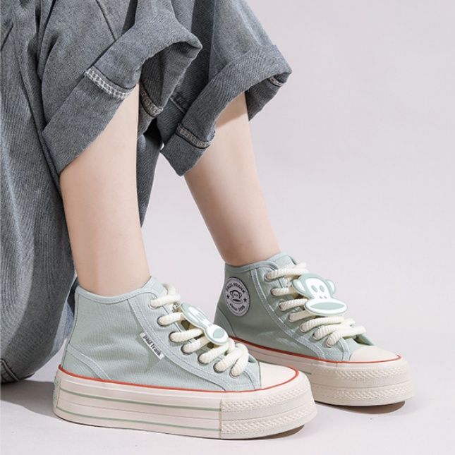 【キャッチー・ポップ】厚底ハイカット・キャンバススニーカー アイボリー×レッド | キャラクターシリコンワッペン 極太シューレース ストリート・カジュアル