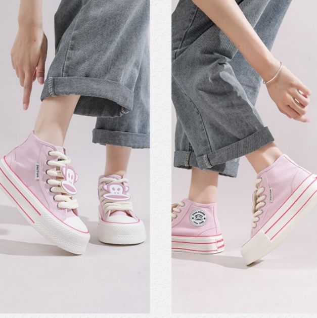 【キャッチー・ポップ】厚底ハイカット・キャンバススニーカー アイボリー×レッド | キャラクターシリコンワッペン 極太シューレース ストリート・カジュアル