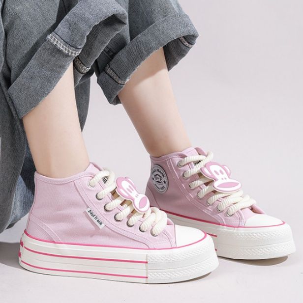 【キャッチー・ポップ】厚底ハイカット・キャンバススニーカー アイボリー×レッド | キャラクターシリコンワッペン 極太シューレース ストリート・カジュアル