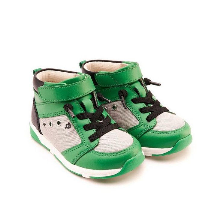 【スポーティー・タフ】ミッドカット・キッズスニーカー グリーン×ライトグレー | ベルクロホールドシステム クッションアンクルパッド 元気なカラーリング