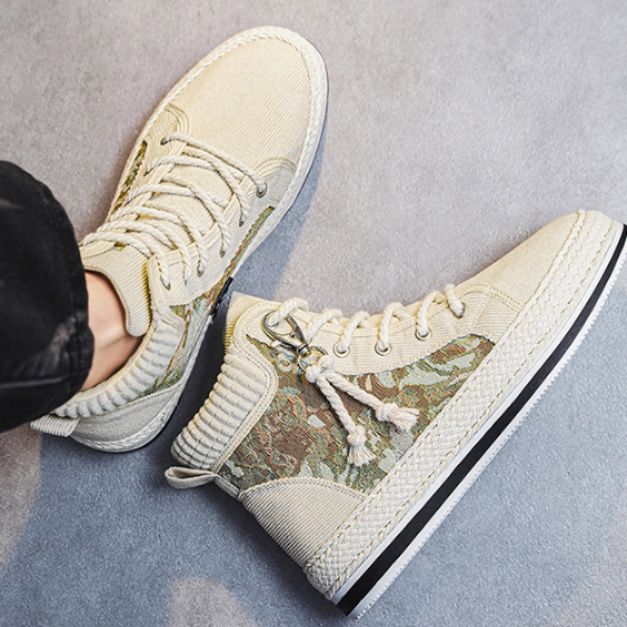 【ボタニカル・リラックス】ハイカット・キャンバススニーカー セージグリーン | 繊細な植物刺繍 ジュート巻きソール ナチュラル・フェミニン