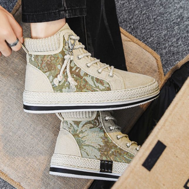 【ボタニカル・リラックス】ハイカット・キャンバススニーカー セージグリーン | 繊細な植物刺繍 ジュート巻きソール ナチュラル・フェミニン