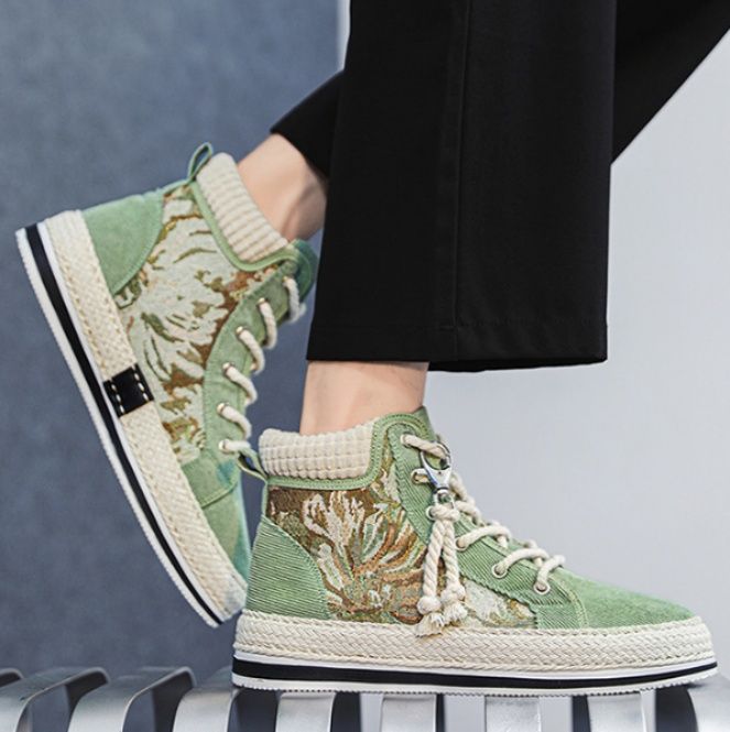 【ボタニカル・リラックス】ハイカット・キャンバススニーカー セージグリーン | 繊細な植物刺繍 ジュート巻きソール ナチュラル・フェミニン