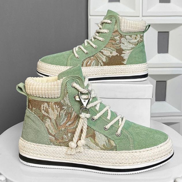 【ボタニカル・リラックス】ハイカット・キャンバススニーカー セージグリーン | 繊細な植物刺繍 ジュート巻きソール ナチュラル・フェミニン