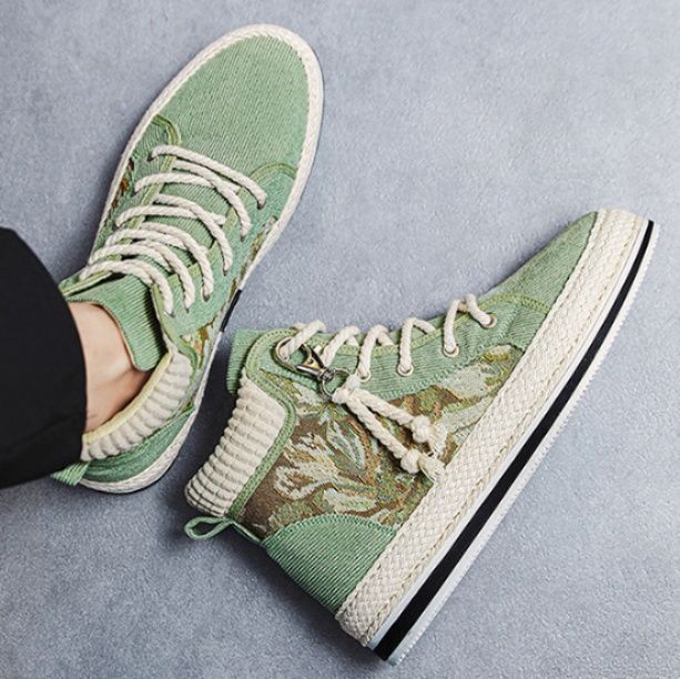 【ボタニカル・リラックス】ハイカット・キャンバススニーカー セージグリーン | 繊細な植物刺繍 ジュート巻きソール ナチュラル・フェミニン
