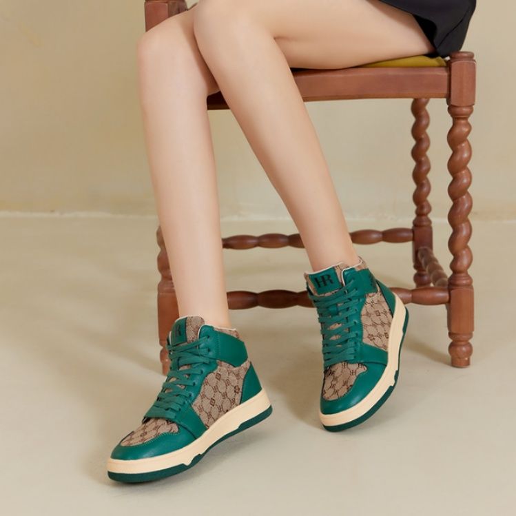 【トラッド・モダン】ハイカットスニーカー ダークグリーン×モノグラムジャガード | 異素材コンビネーション ベージュソール クラシック・ストリート