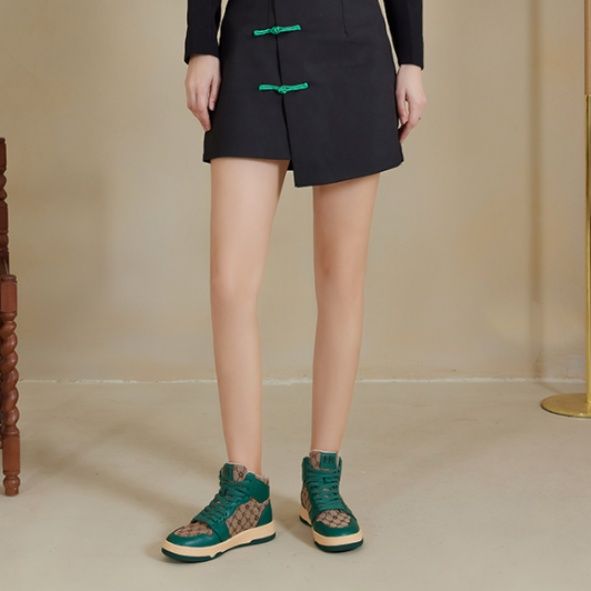 【トラッド・モダン】ハイカットスニーカー ダークグリーン×モノグラムジャガード | 異素材コンビネーション ベージュソール クラシック・ストリート