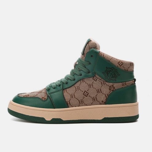 【トラッド・モダン】ハイカットスニーカー ダークグリーン×モノグラムジャガード | 異素材コンビネーション ベージュソール クラシック・ストリート