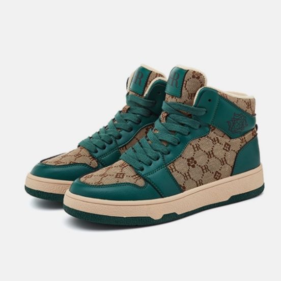 【トラッド・モダン】ハイカットスニーカー ダークグリーン×モノグラムジャガード | 異素材コンビネーション ベージュソール クラシック・ストリート