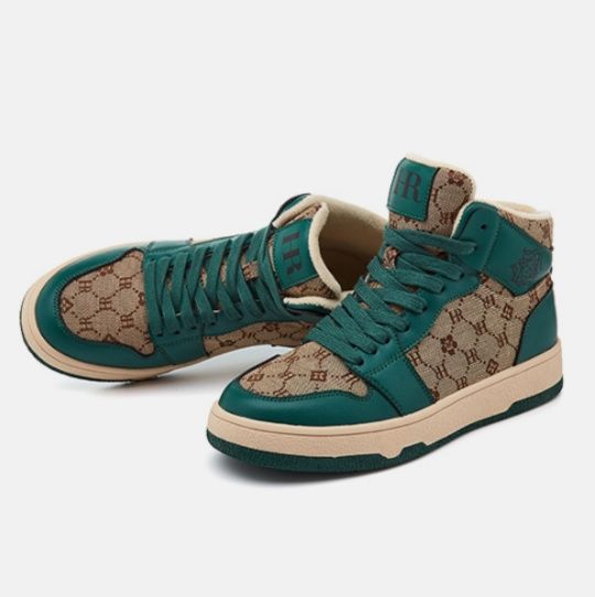 【トラッド・モダン】ハイカットスニーカー ダークグリーン×モノグラムジャガード | 異素材コンビネーション ベージュソール クラシック・ストリート