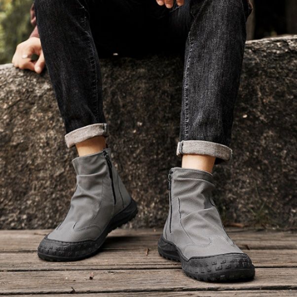 【モダン・ミリタリー】ハイカット・ワークスニーカー サンドベージュ | マイクロポリス素材 サイドジップ仕様 スタッズ調ラバーガード トゥガードデザイン