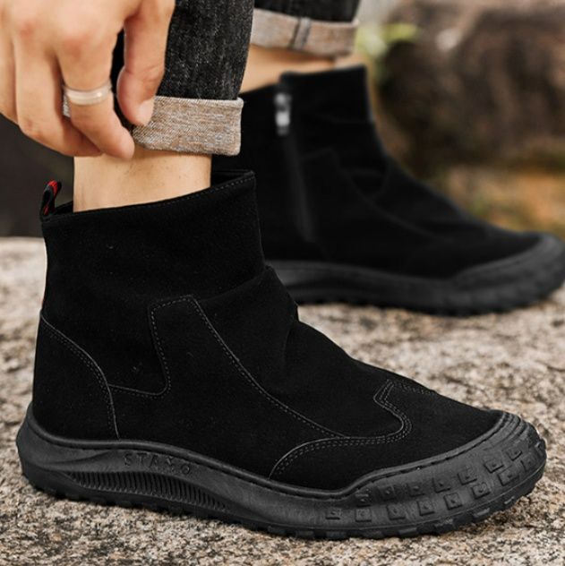 【モダン・ミリタリー】ハイカット・ワークスニーカー サンドベージュ | マイクロポリス素材 サイドジップ仕様 スタッズ調ラバーガード トゥガードデザイン