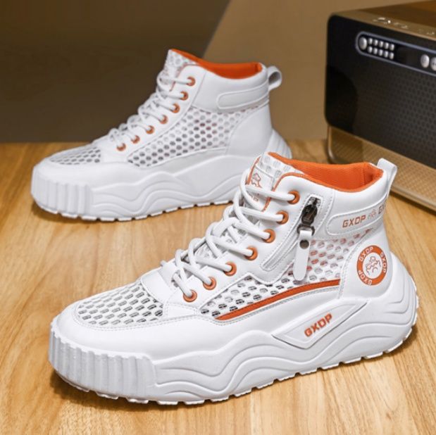 【フューチャー・ホワイト】ハイカット・メッシュスニーカー | ウェーブボリュームソール フロントジップデザイン 通気性抜群・アーバンストリート