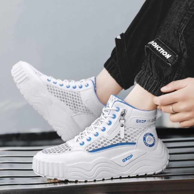 【フューチャー・ホワイト】ハイカット・メッシュスニーカー | ウェーブボリュームソール フロントジップデザイン 通気性抜群・アーバンストリート