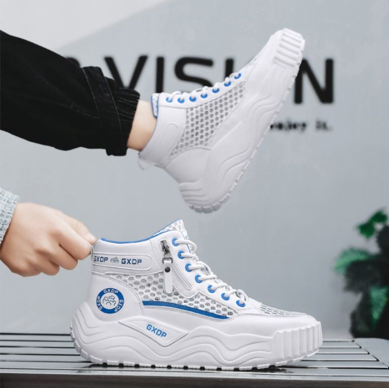 【フューチャー・ホワイト】ハイカット・メッシュスニーカー | ウェーブボリュームソール フロントジップデザイン 通気性抜群・アーバンストリート