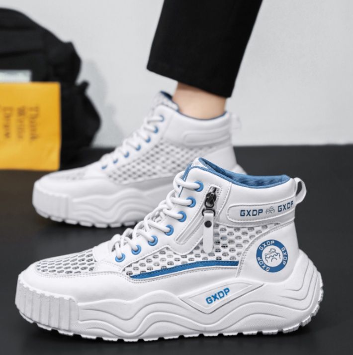 【フューチャー・ホワイト】ハイカット・メッシュスニーカー | ウェーブボリュームソール フロントジップデザイン 通気性抜群・アーバンストリート