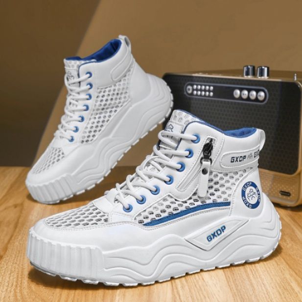 【フューチャー・ホワイト】ハイカット・メッシュスニーカー | ウェーブボリュームソール フロントジップデザイン 通気性抜群・アーバンストリート