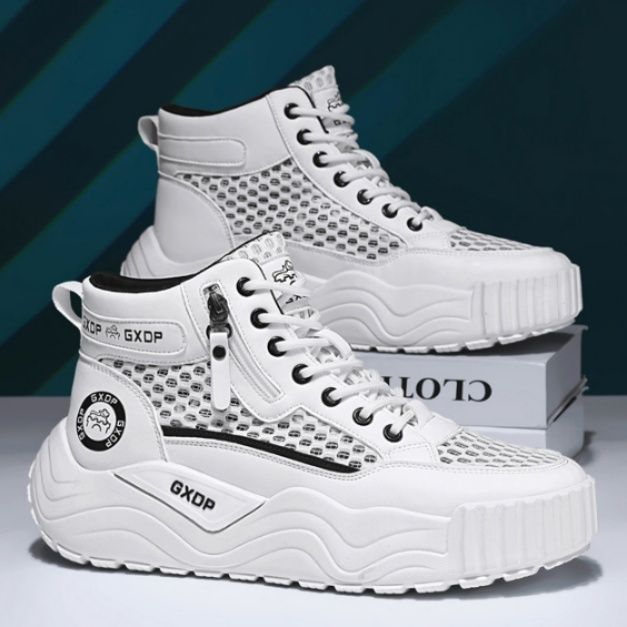 【フューチャー・ホワイト】ハイカット・メッシュスニーカー | ウェーブボリュームソール フロントジップデザイン 通気性抜群・アーバンストリート