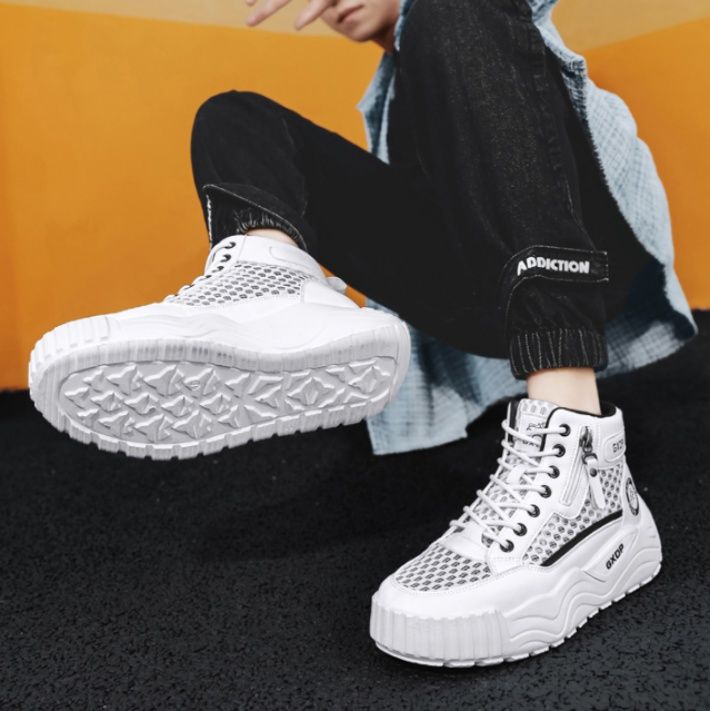 【フューチャー・ホワイト】ハイカット・メッシュスニーカー | ウェーブボリュームソール フロントジップデザイン 通気性抜群・アーバンストリート