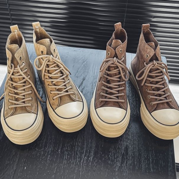 【ヴィンテージ・ワーク】ハイカットスニーカー ブラック | ホワイト・コントラストステッチ 厚底エクリュソール プレミアム起毛アッパー