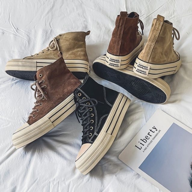 【ヴィンテージ・ワーク】ハイカットスニーカー ブラック | ホワイト・コントラストステッチ 厚底エクリュソール プレミアム起毛アッパー