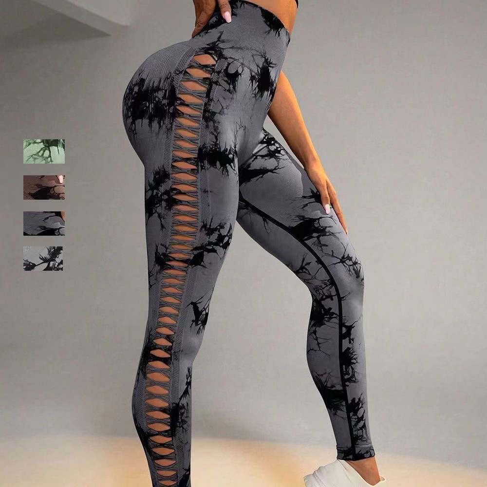 ハイウエスト パンツ タイダイ柄サイドレースアップ美脚パンツ