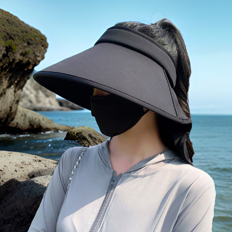 日焼け対策グッズ 顔全体を守る大型つば付きサンバイザー帽子