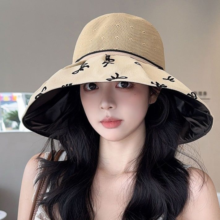 日焼け対策グッズ リボン柄つば広日除け帽子