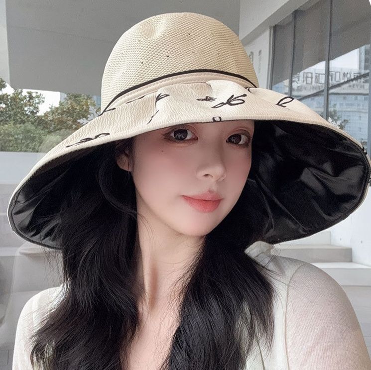 日焼け対策グッズ リボン柄つば広日除け帽子