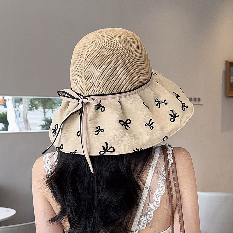 日焼け対策グッズ リボン柄つば広日除け帽子