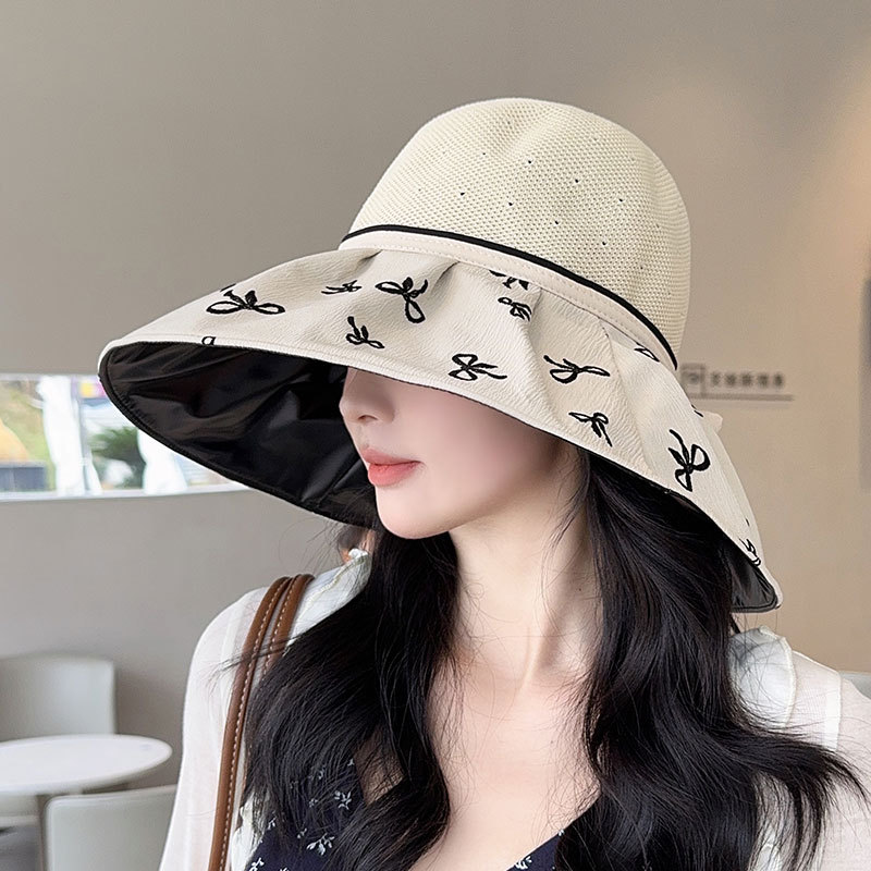 日焼け対策グッズ リボン柄つば広日除け帽子