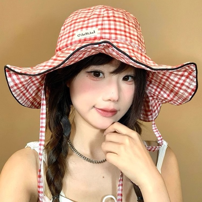 日焼け対策グッズ 日焼け対策 帽子 格子柄バケットハット つば広 熱中症対策