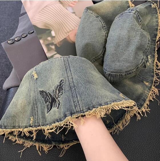 日焼け対策グッズ 日焼け対策 帽子 蝶々刺繍 デニム バケット ハット レディース
