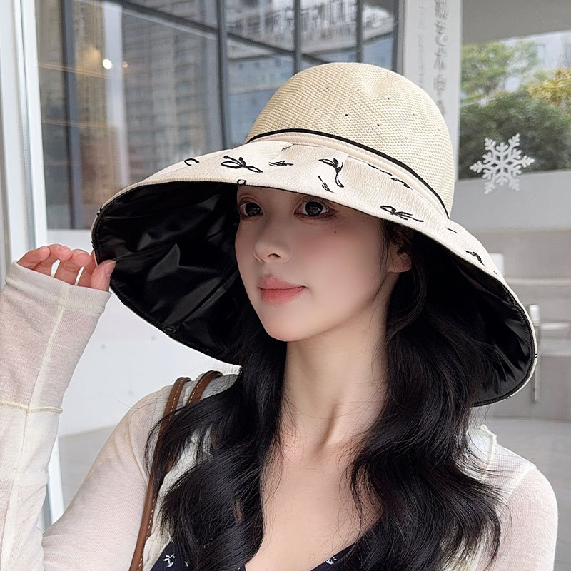 日焼け対策グッズ リボン柄つば広日除け帽子