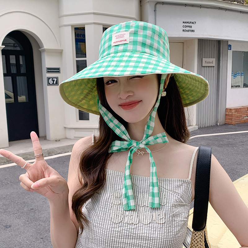 日焼け対策グッズ 紫外線防止 チェック柄リボン帽子