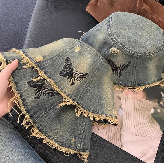 日焼け対策グッズ 日焼け対策 帽子 蝶々刺繍 デニム バケット ハット レディース