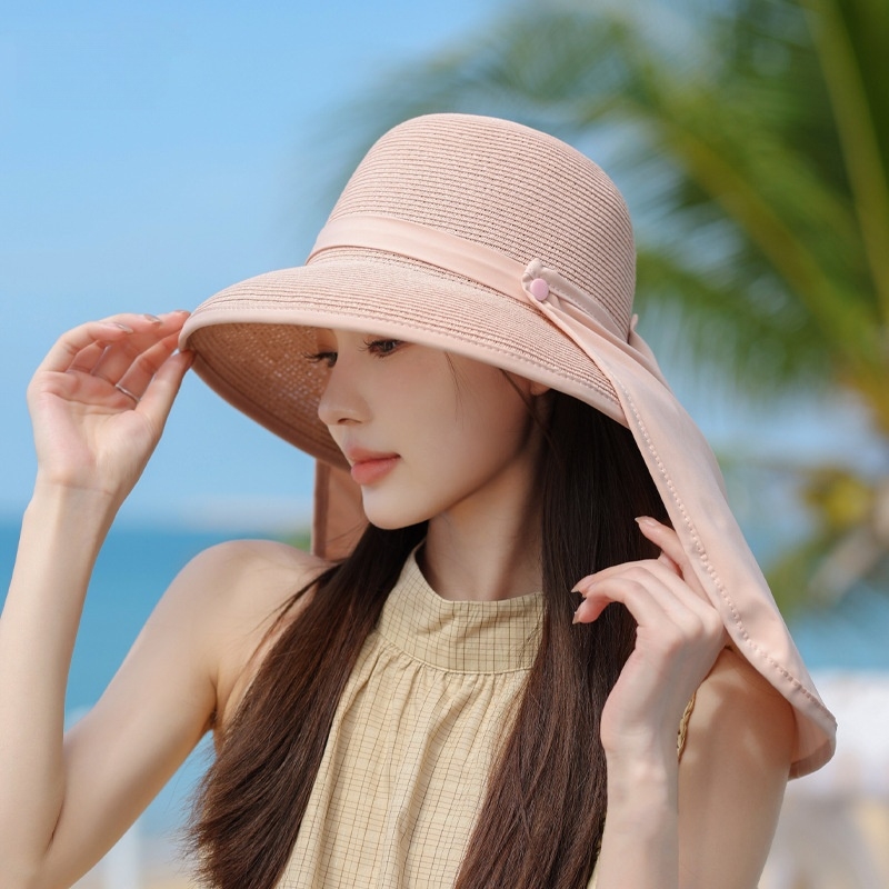 日焼け対策グッズ 優雅な日除け 麦わら帽子 首元ガード