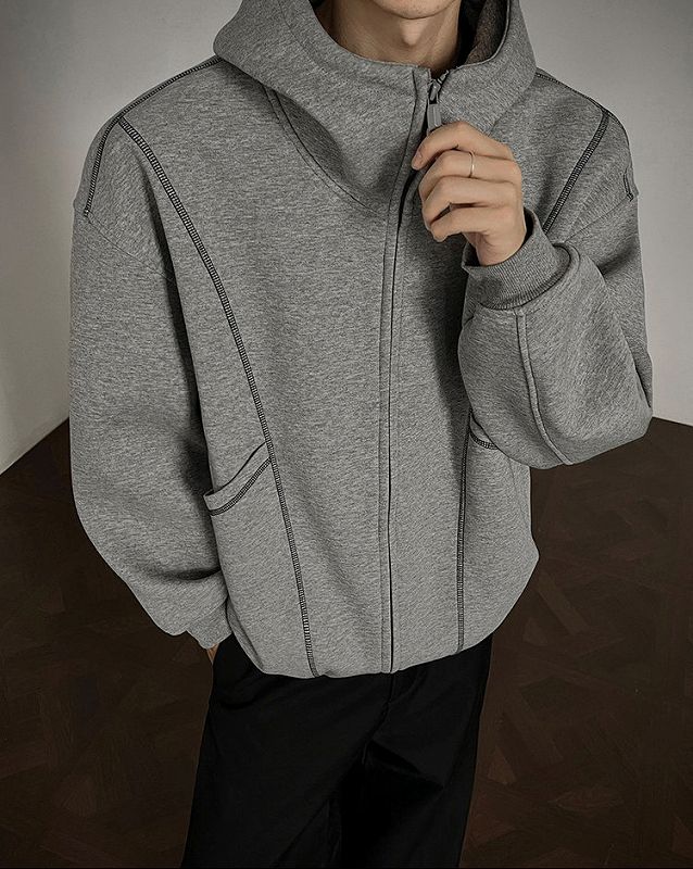 パーカー 無地ジップアップパーカー男女兼用グレー秋冬