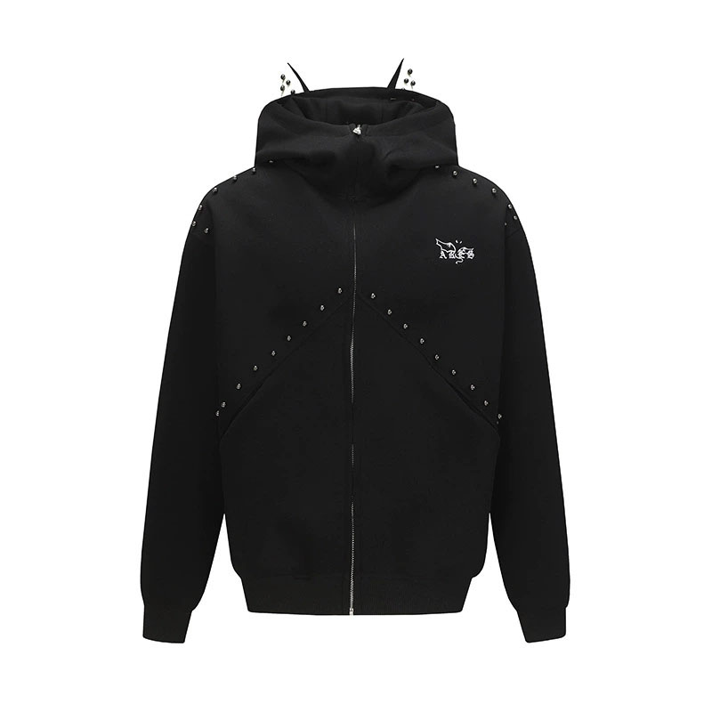 パーカー ドーベルマン耳付きパーカー スタッズ装飾 男女兼用