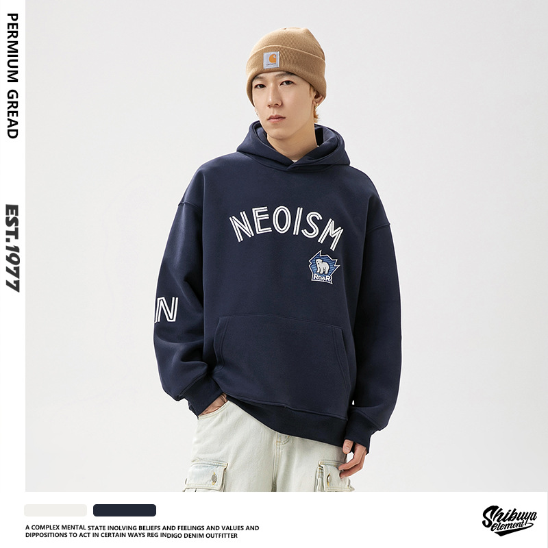 ネイビー刺繍入りパーカー 男女兼用 ストリート系フード付き 春秋