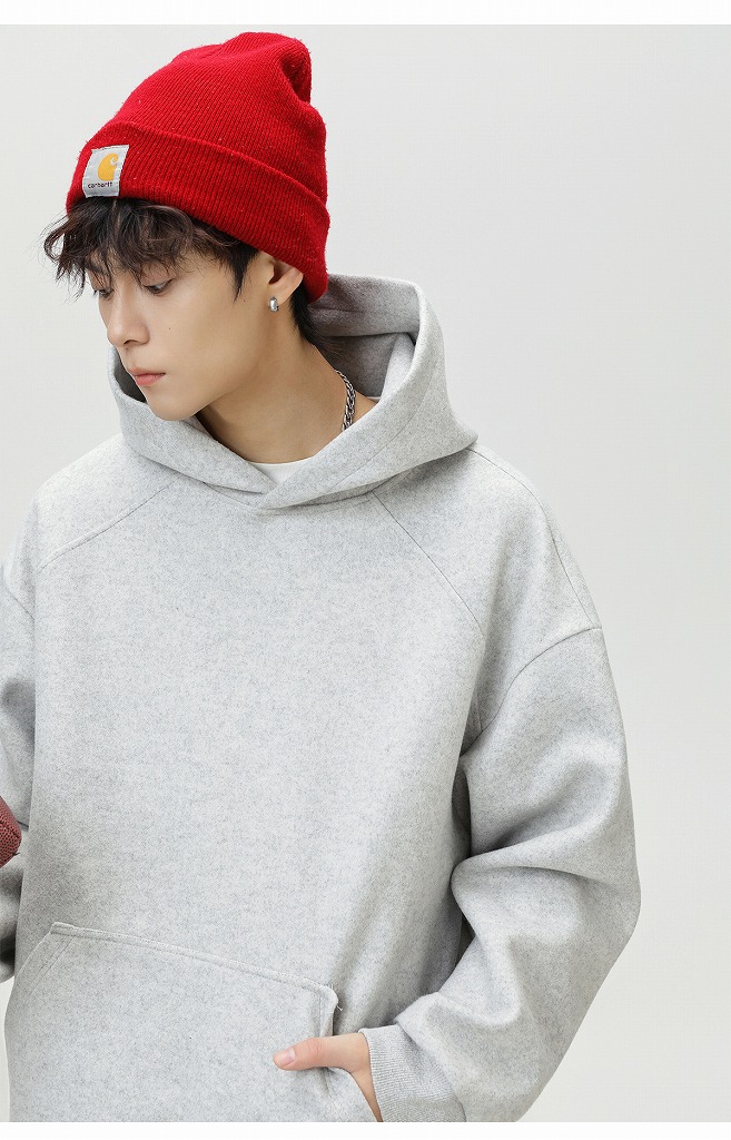 パーカー 秋新作メンズ重厚メルトン調無地ゆったりフード付きパーカー