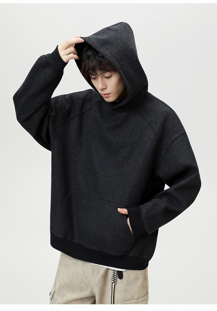 パーカー 秋新作メンズ重厚メルトン調無地ゆったりフード付きパーカー