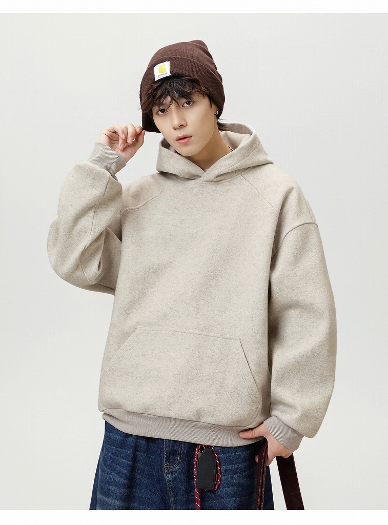 パーカー 秋新作メンズ重厚メルトン調無地ゆったりフード付きパーカー