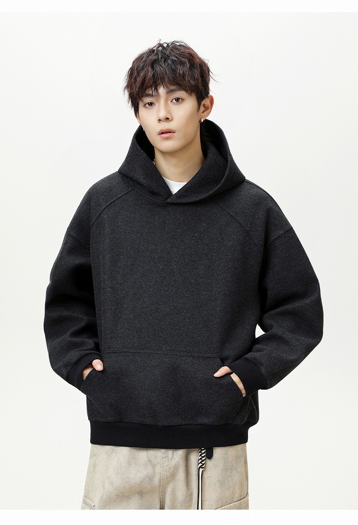 パーカー 秋新作メンズ重厚メルトン調無地ゆったりフード付きパーカー